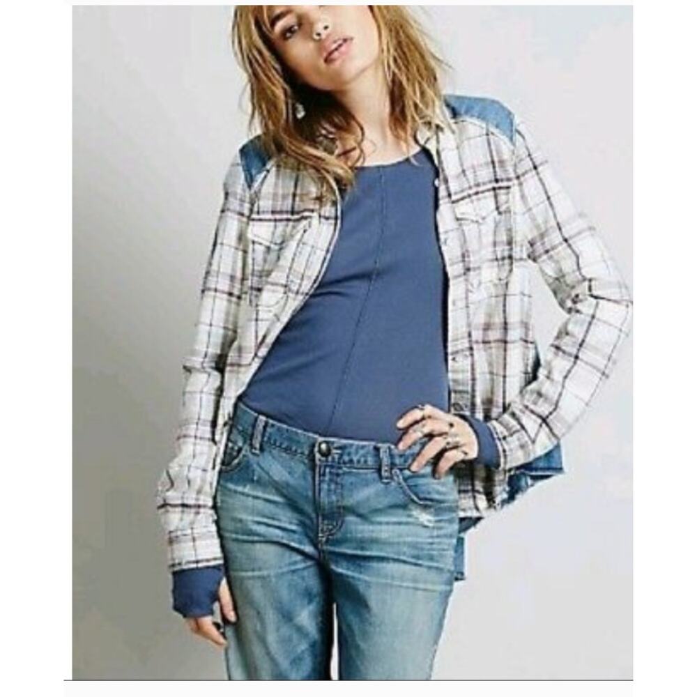NWT Free People Roadtrip Getaway Flannel Button Shirt $128 MEDIUM Swan BLUE
